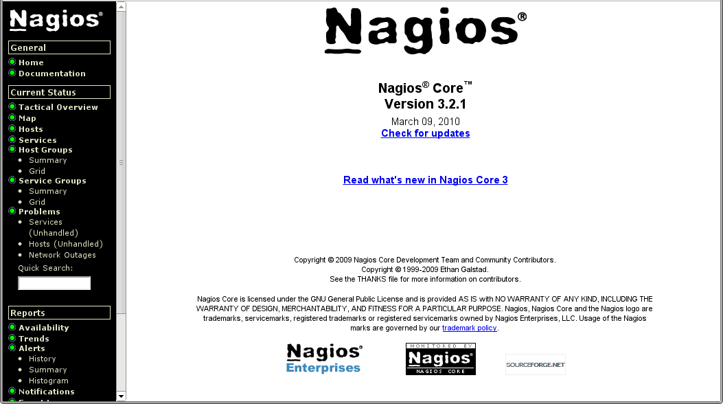 The Nagios administration area's front page
